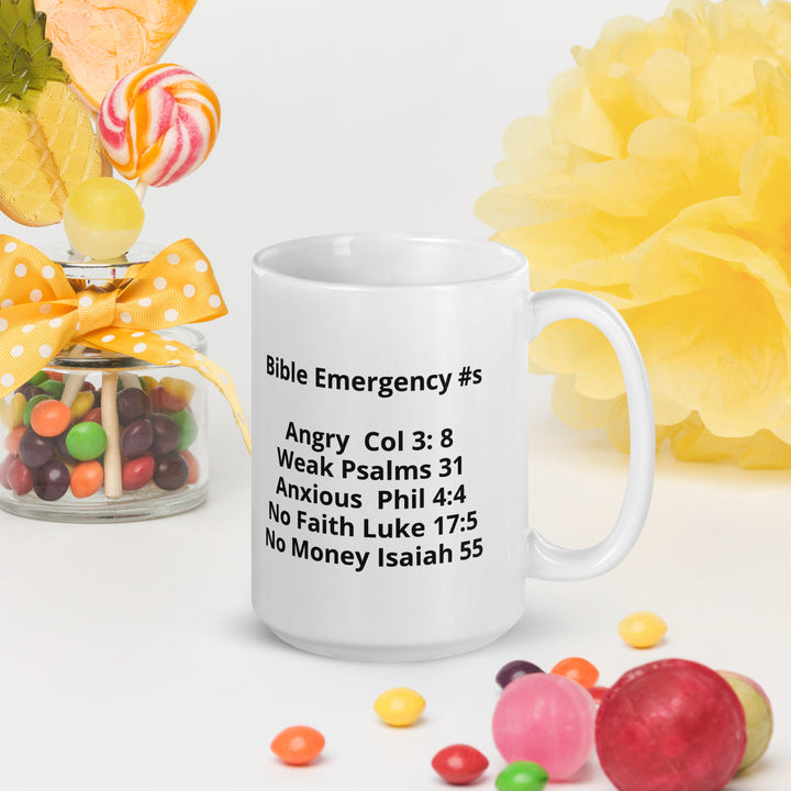 Coffee Mug-Bible Emergency #s - White glossy mug